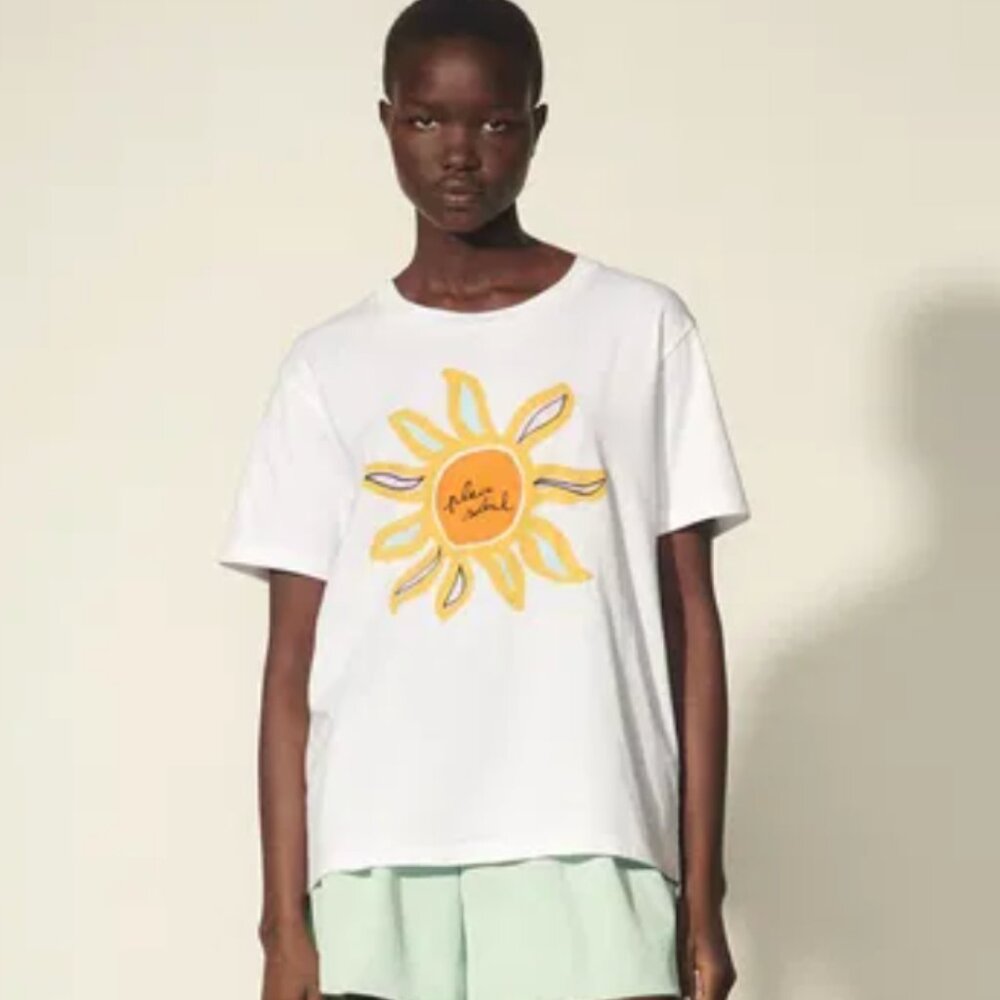 Sandro Paris Dune Sun Print Cotton Crewneck Short Sleeve Tee Shirt White 8